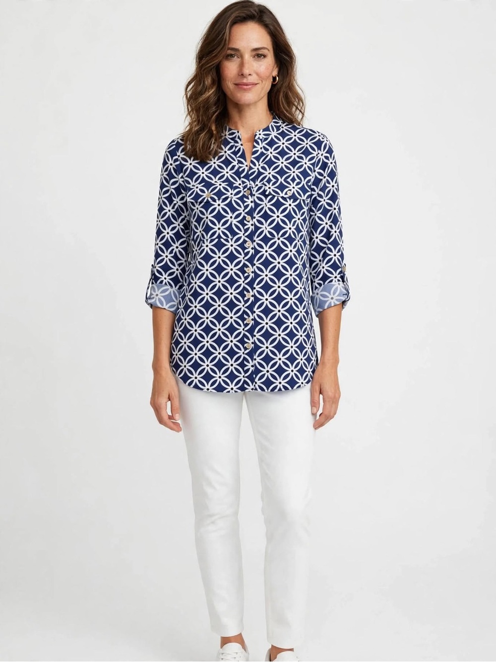 Geometric Navy Button-Front Roll-Sleeve Blouse